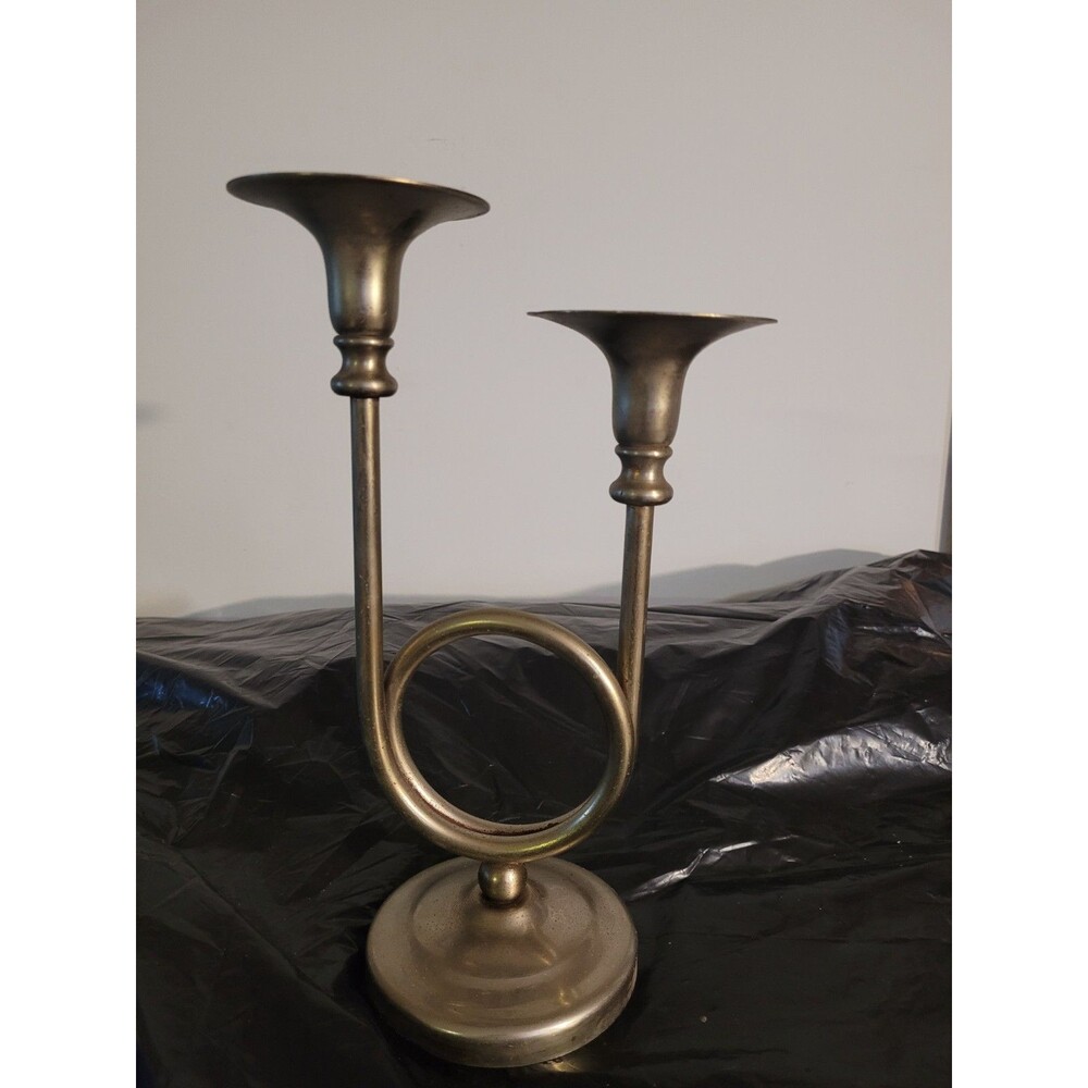 Vintage Double French Horn Brass Candlestick Candle Holder Mid Century Modern